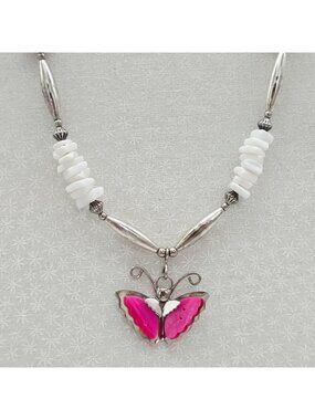 Butterfly Pendant Necklace Pink & White Accents West Tribal Liquid Silver Beads